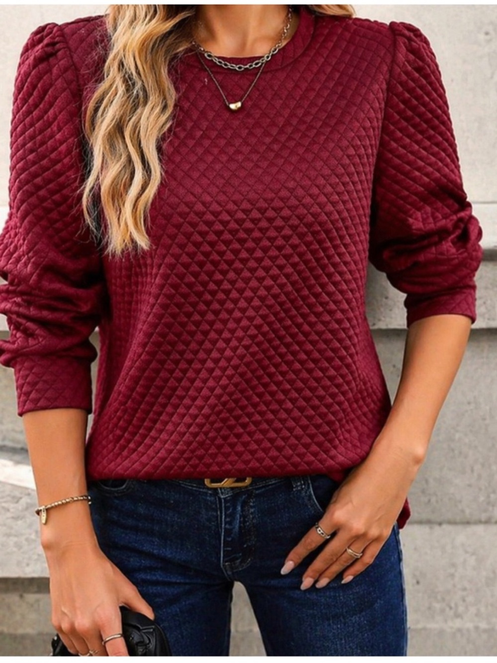 Burgundy Quilted Sweatshirt Puff Sleeve Textured Cozy Top Trending Fall 2026